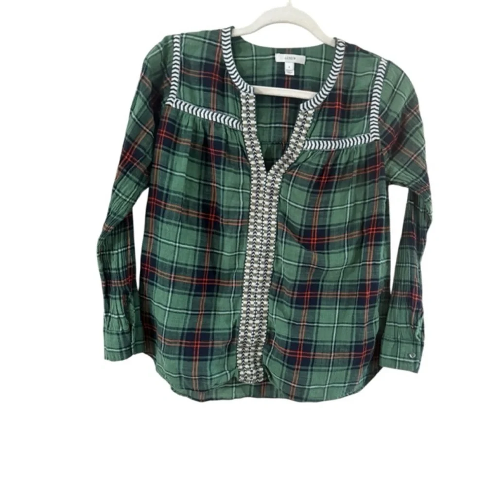 J. Crew Green Plaid Blouse with White Accents